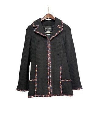 CHANEL Vintage Black Tweed Jacket with Multicolor Trim – Missing Buttons | As-Is